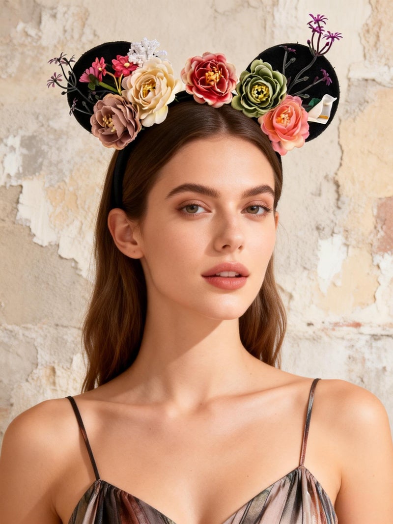A Miaow Flower Headpiece Black Mouse Ears Headband MM Floral Hair Hoop Halloween Park Women Adults Costume Photo Shoot (Colourful Flowers) - Image 5